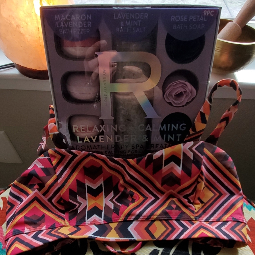 Bathing suit top and aroma therapy bath kit.